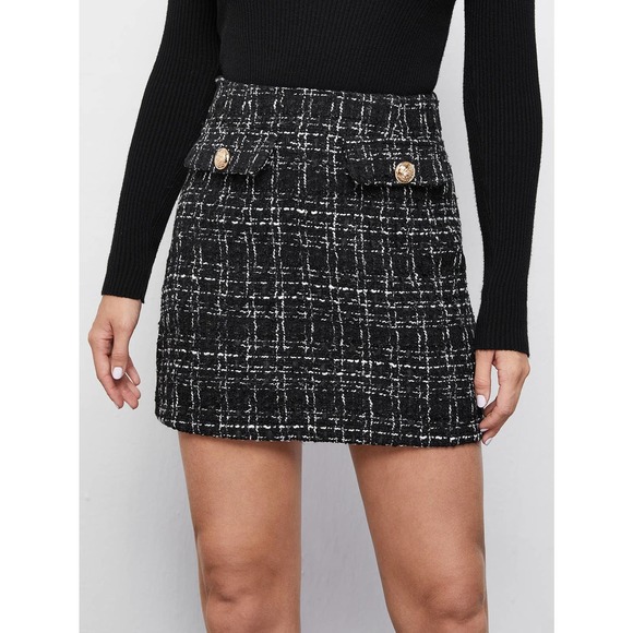 WILA Dresses & Skirts - High Waist Plaid Tweed mini Skirt black